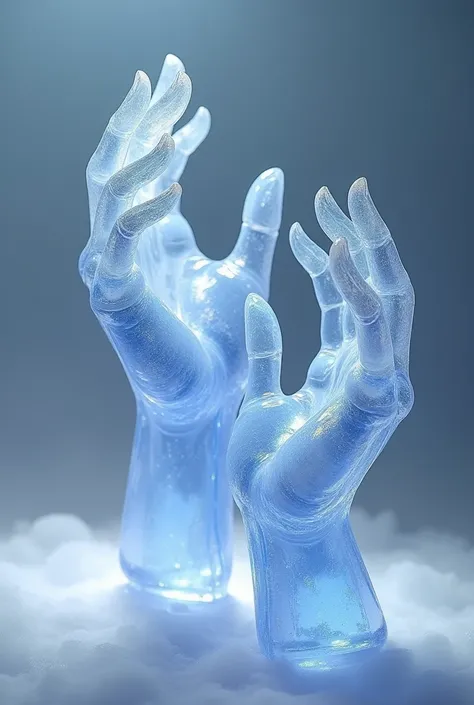 Two crystal hands holding up in the air, made of glass, sapphire, transparent background