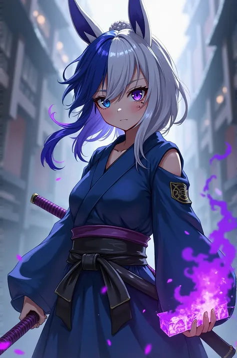 Kitmesu no Yaiba girl with one blue eye and one purple eye with a scar on her face and her white hair with blue tips and a purple lock, her hunter uniform combined with Sanemi&#39;s osntalon and Mitsuri&#39;s shirt with dull colors and her purple katana pl...