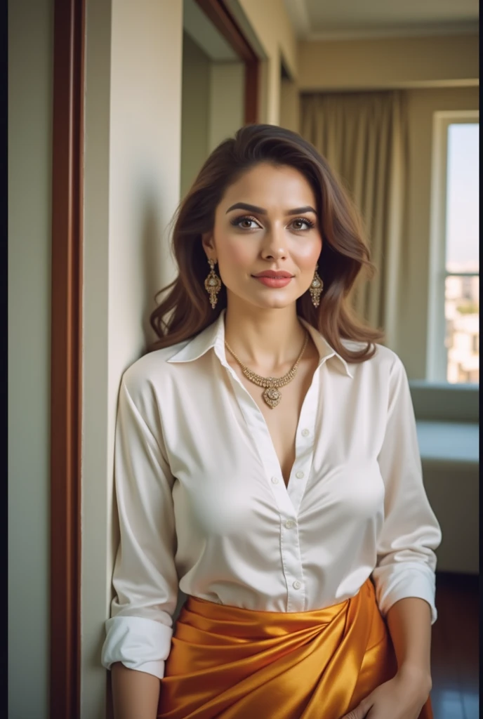 (stunning woman in a flowing, silk saree, draped in a seductive manner to reveal her cleavage and waistline. Shes posing confidently, her eyes sparkling with mischief and a captivating smile playing on her lips."
Pose: "Leaning against a wall" or "Sitting ...