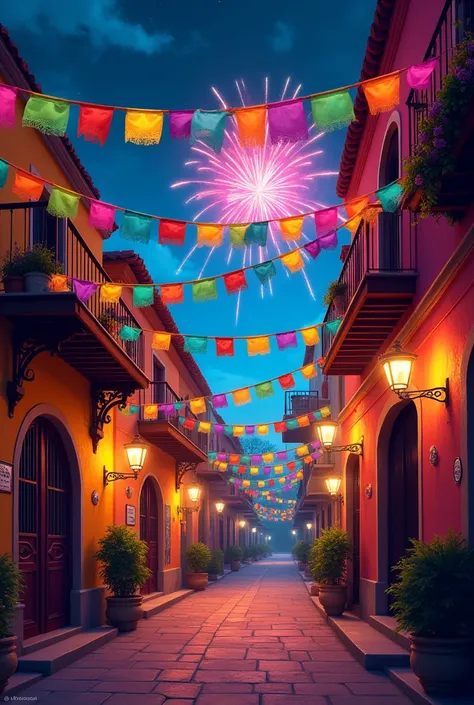 Make a picture of the streets of Mexico with colorful Mexican pennants in an alley at night with fireworks and with Day of the Dead pennants