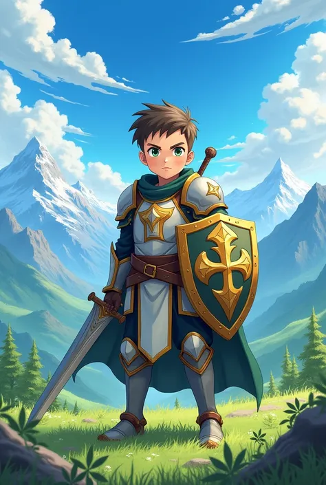 Isekai anime paladin with short brown hair, green eyes and a short build using a sword and shield