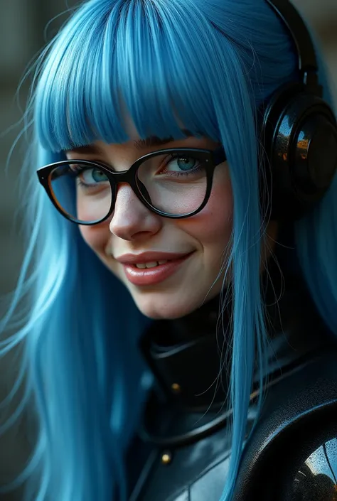 3, gorgeous cute Argentinian girl, big smile, freckles, (dark skin:1.4), (platinum blue long bangs hair:1.4) (Princess make-up:1.4), (masterpiece, best quality), 1girl, a girl in the dark, mecha, sci-fi armor, black matte angular armor, Bladerunner 2079, (...