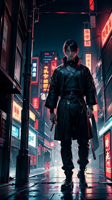 a close up of a man holding a katana in a city, very beautiful cyberpunk samurai, cyberpunk samurai, neon samurai, samurai jedi,...