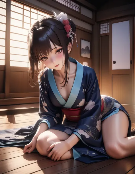 a beautiful young woman in a traditional japanese teahouse, 1girl,emotional reunion with mother, soft warm lighting, anime neo-noir style, chiaroscuro lighting, detailed intricate kimono, detailed traditional japanese architecture,detailed ornate teaware,d...