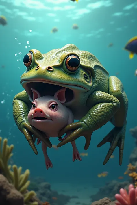 A frog eating a pig. The background is the sea.