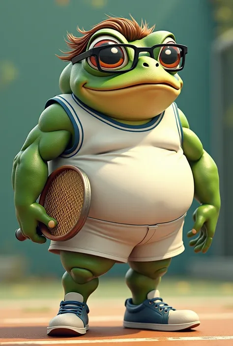 Create a frogman , having strong human characteristics, the head must be human, but the face must be of frogs, short brown hair, side hairstyles, must wear rectangular glasses. Tennis player, chubby physique