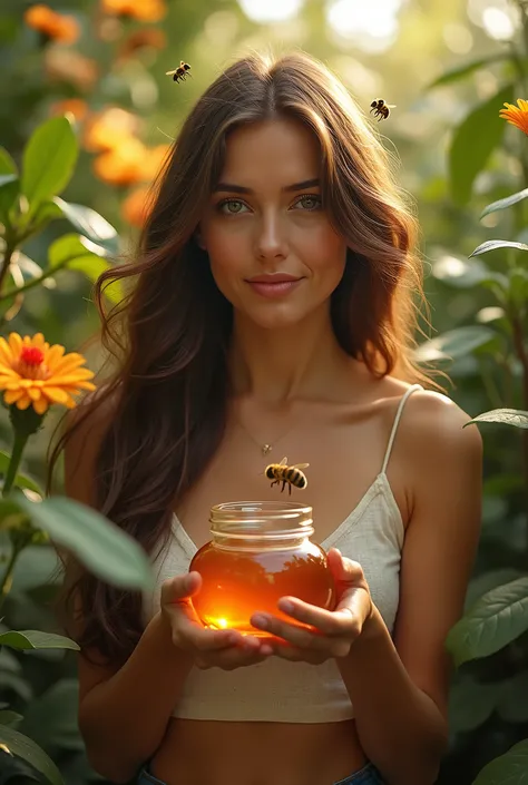 A woman with a slight smile and long brown hair, alone in the jungle surrounded by plants with multicolored flowers. 
She wears a short-sleeved purple dress, with white lines and flowers. Pose like a professional, flirtatious and elegant model, 
showing ho...