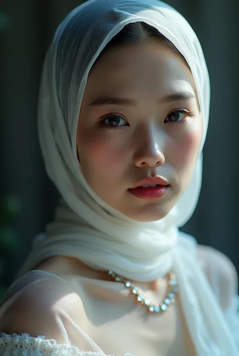 Indonesian girl with glowing face, white skin, pink lips, slightly visible teeth, holding face facing right 45 degrees, right ear and neck visible, wearing white gold necklace, sturdy body, weight 60 kg, height 165 cm, chest size 36D, wearing hijab