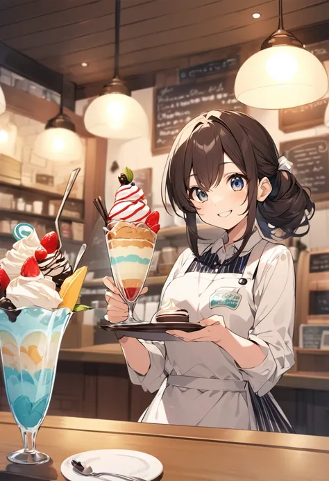 high resolution、anime、The background is a coffee shop、Beautiful shop assistant、Offering ice cream parfait to customers、smile、