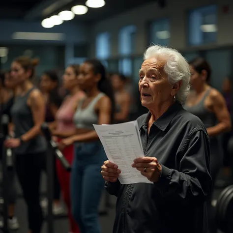 Inside a bustling and overcrowded gym predominantly filled with women, the scene is saturated with activity, as high-end weight machines and state-of-the-art exercise equipment fill every corner of the background. In the foreground, captured with exception...