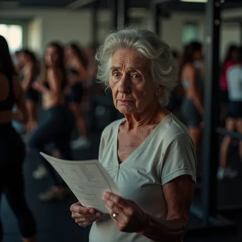 Inside a bustling and overcrowded gym predominantly filled with women, the scene is saturated with activity, as high-end weight machines and state-of-the-art exercise equipment fill every corner of the background. In the foreground, captured with exception...