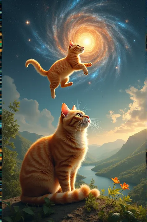 An orange cat on earth and one in the sky in a single image
