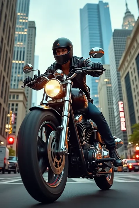 image of a biker at a low angle, riding a popular motorcycle, in the background buildings of a city.