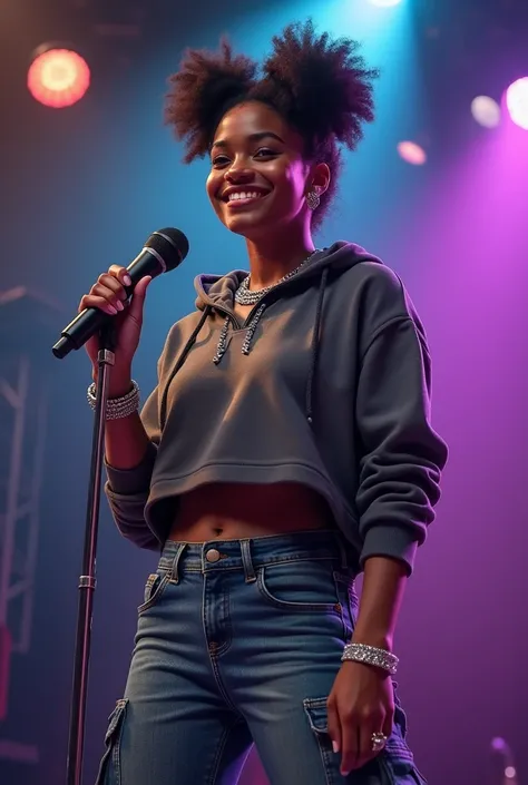 a light brown skin girl,hour glass body shape,wearing a crop hoodie cargo fit jean,holding a mic,wearing silver jewellerysmilng on stage,realistic efro hair tied into buns