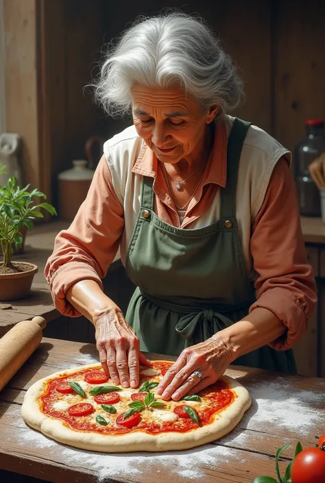 Replace the words below Dona Nonna with pizza and the woman in the image with a drawing of an older Italian lady
