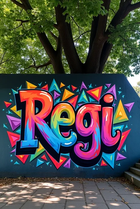 Create a graffiti with the name REGI with multi-color colors and hyper triangles on a tree