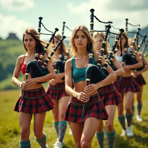 young women in minikilts playing bagpipes