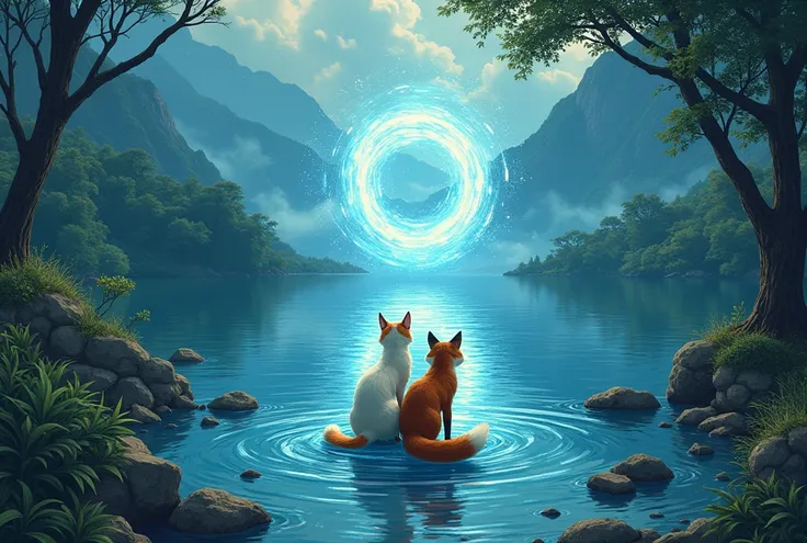 Draw (with the manga line) a cat and a fox, standing backwards, finding a portal in a lake