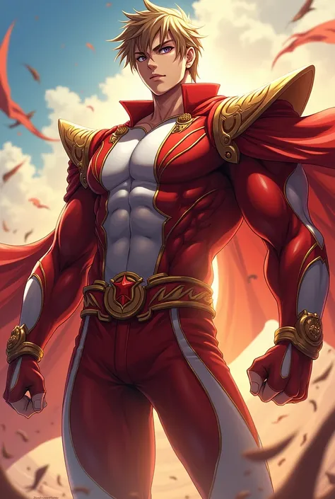 Create for me a hero with a red, white and gold anime uniform