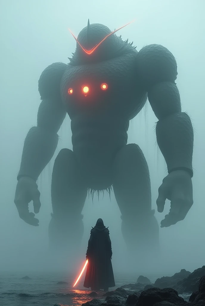 Fog on the sea, Jaeger ,black head, flame sword,arm, cyclops eye,red laser eye