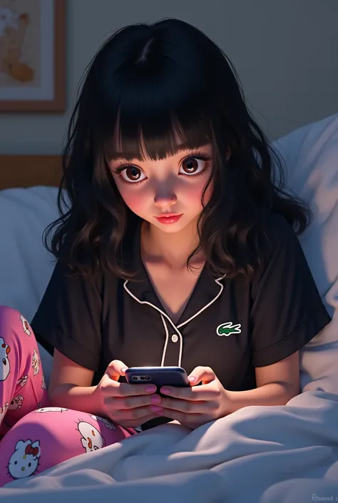 a teenager on the cell phone all day without stopping, black wavy hair with bangs, black Lacoste blouse, pink Hello Kitt pants and lying on a bed