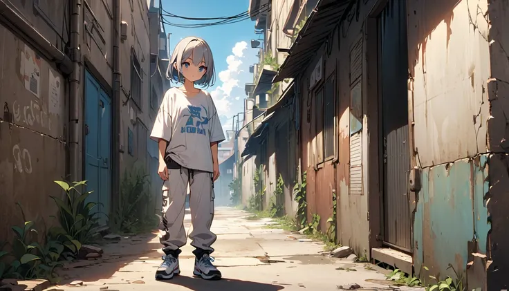 HD 8k, Lonely, 1 female, Medium length hair, Gray Hair, blue eyes, Headphones, White Big T-Shirt, White Cargo Pants, Hip Hop Style, White sneakers, human center, Outdoor, blue sky, White cloud, wall, Front view, Slums