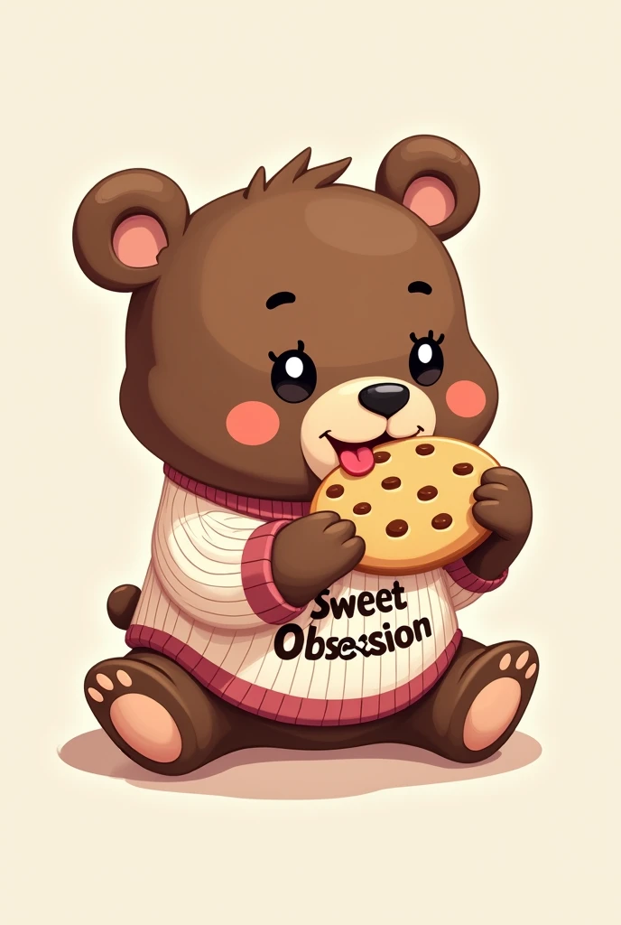 A logo that has a bear wearing a sweater that says sweet obsession eating cookies 