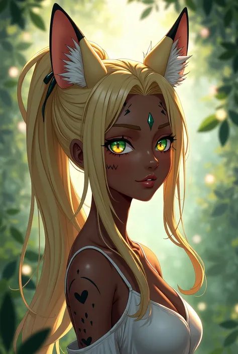 Girl with long fox ears, black skin with vitiligo, has one green eye and one orange eye and long sandy colored hair, tied only with a long ponytail, no estilo genshin impact 