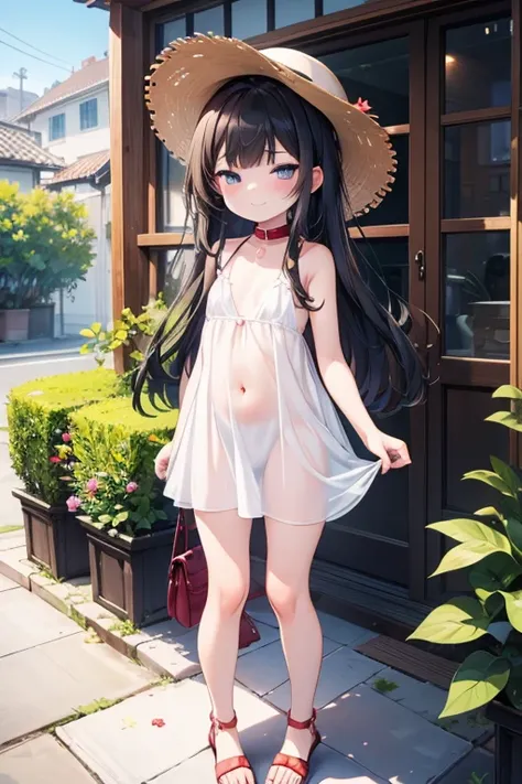 (masterpiece), Highest quality, One Girl, 8-year-old girl, cute, Flat Chest, Black Hair, Very long hair, She is looking towards the viewer, She is wearing a bright red leather collar., A lead extends from the collar, The lead is in the mans hand., 
She is ...