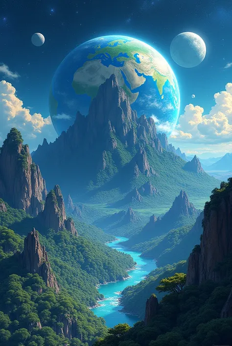 "Draw a majestic planet in manga style, with vast landscapes rich in detail. The planet is exuberant, with dense forests, high mountains and bright oceans. Three moons of varying sizes orbit around, each projecting a soft light that reflects on the surface...