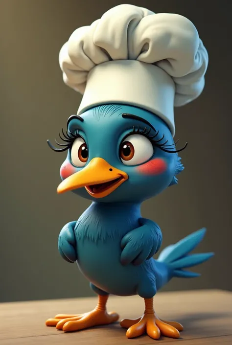 Ball bird, no arms, no legs, toons style, bird, dark blue, long eyelines, brown eyes, black thick eyebrows, lashes, aroused smile, tall chef hat on her head, eyebrow piercing, blush, looks up, sweaty, smile, excited, horny, gets fucked