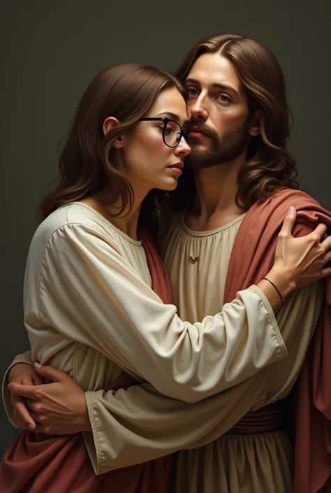 brown haired woman shoulder length hair glasses full mouth brown eyes medium nose hugging Jesus 