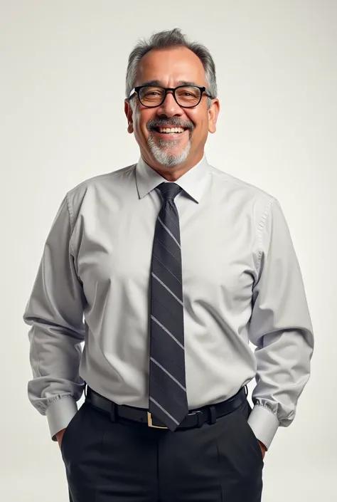 (cheered up) A 45 year old white male with a slightly heavy build, with black round glasses and a shirt with a tie looking straight ahead