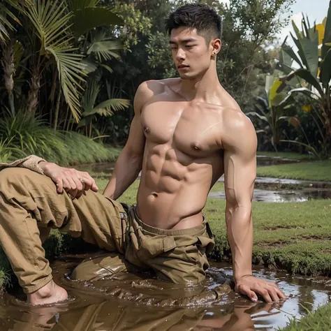 photorealistic, shirtless muscular man, sinks in a mud pit down to his shoulders,