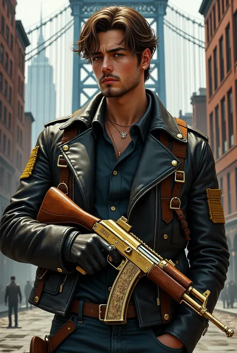 A 20-year-old young man with brown hair, thin beard and a serious expression, illustrated in a detailed style. He is wearing a black leather jacket with yellow-brown accessories, such as buckles and patches. A pair of golden uzi pistols is holstered at his...