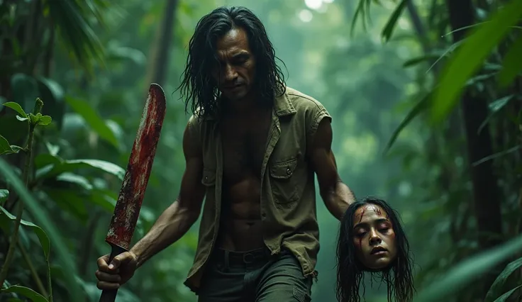 a long hair rugged, messy, dirty torn shirt Malay man, walking and holding a malay woman head in his left hand. his right hand holding a long bloody machete. fierce face, revenge vibe. background of tropical forest. cinematic shot. horror film still. asian...