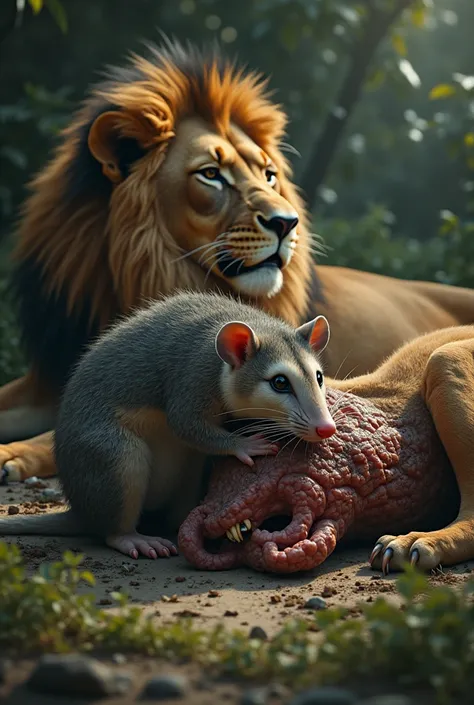 A possum eating a lion 