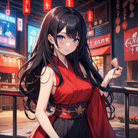 Japanese woman, Long red dress, Fan in hand, best qualityer, detail, details altos, longye hair, Bblack hair, hypdertailed, breasts big, aretes, blushful, blue colored eyes, Seriously, bar background, jewel, anime styling, アニメ, 