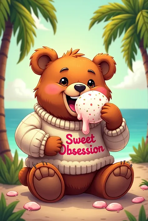 A logo that has a bear with a sweater that says sweet obsession eating mallow viscous with coconut trees 