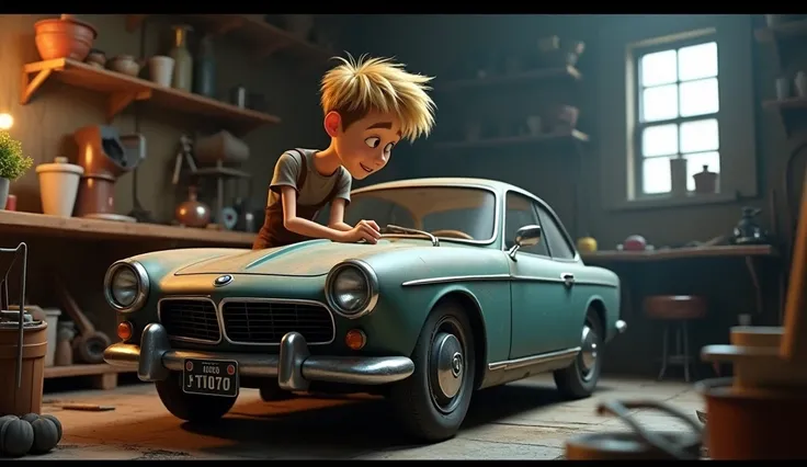 Im Stil von Pixar 3D- The animated film. A skinny young man with short blond hair is tinkering with a silver BMW E46 Compact in a dark terraced garage.