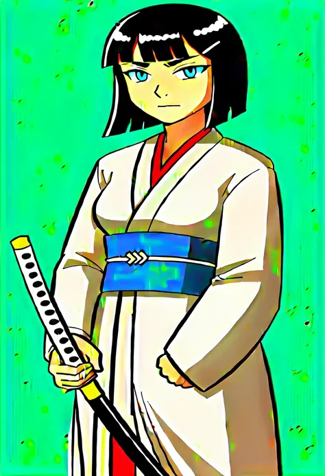 score_5_up, score_6_up, source_anime,
1girl, solo, holding sword, katana, japanese clothes, black hair, hime_cut, blue eyes, hairclip, simple background