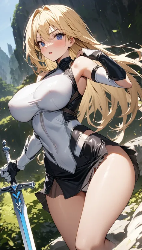 Ultra-high definition image quality、beautiful girl、Female Swordsman、Light Armor、Griepputz、Long Hair、blonde、20-year-old、Be confident々face、Very short tight skirt、Sexy posture、Cowgirl、wilderness、Highest quality,Big Ass、Big Breasts、Thighs、Grasping the hilt of ...