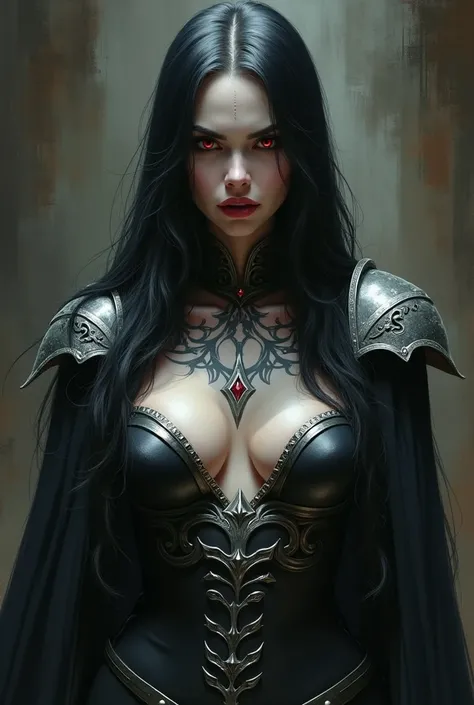 a high fantasy digital painting of an elder vampire, hyper detailed face, piercing red eyes, sharp fangs, long black hair, ornate silver armor, dark gothic cape, dramatic lighting, cinematic composition, epic fantasy dark, solo girl, full body view, perfec...