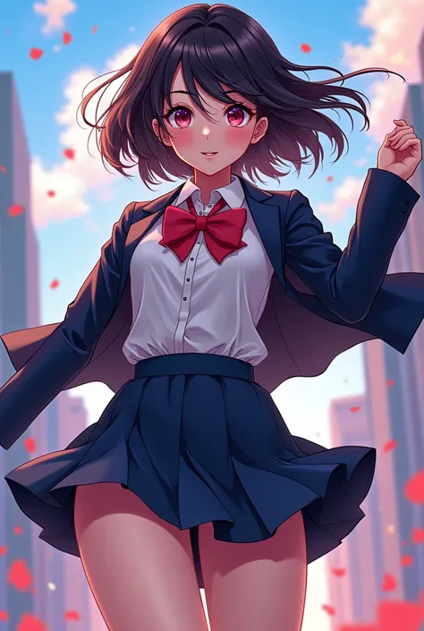 Draw penny parker from spider-man: Into the Spider-Verse anime style in school uniform and with a lot of wind in erotic position