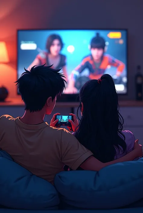 A teen couple aged 19, sitting together on a couch, playing call of duty split screen fps ,both dark skin , anime style, facing the tv ,