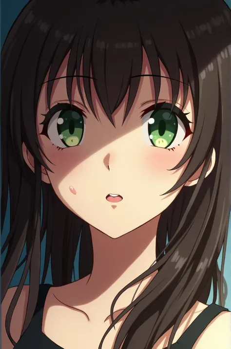 Anime style, woman, dark brown hair, green eyes, with a mark in the cheek