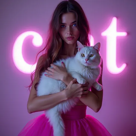 background has a BIG name reading “CAT”, violet eyes, long hair, holding a cute white cat, 21 year old woman, pink top and fuchsia skirt, highest image quality, cute background ethereal, shining eyes, extremely big breasts, european woman, extreme bright q...