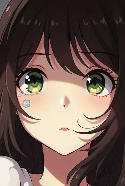 Anime style, woman, dark brown hair, green eyes, with a mark in the cheek