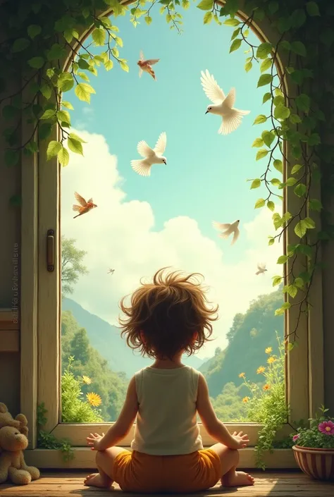 Beautiful kid with loose hairs looking through a window beautiful nature and birds were looking to be happy 