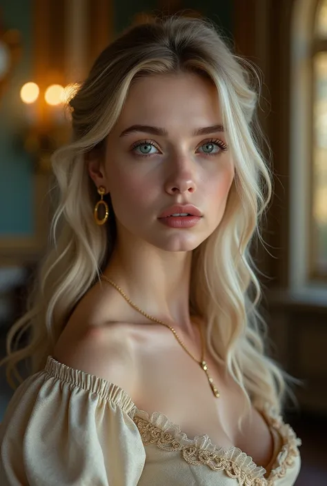 Photorealism!!!!!!, Close up shot , looking at viewer, Russian girl, 1 old, (Blond hair, middle hair ,  wince, Gray eyes, beautiful lip,  serious),  gold crescent earrings, gold neckless, (big breasts, slender whist, wide hip, real public hair) ,(Rococo 18...